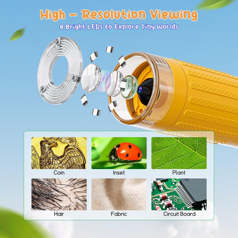 Skybasic Digital Microscope for Kids, 2" Screen 1000X Handheld Microscope HD Pocket Portable Microscopes Camera, Science Edu Fun Birthday Gifts Toys for Ages 4-12 Children Students Boys Girls -Yellow - Image 3